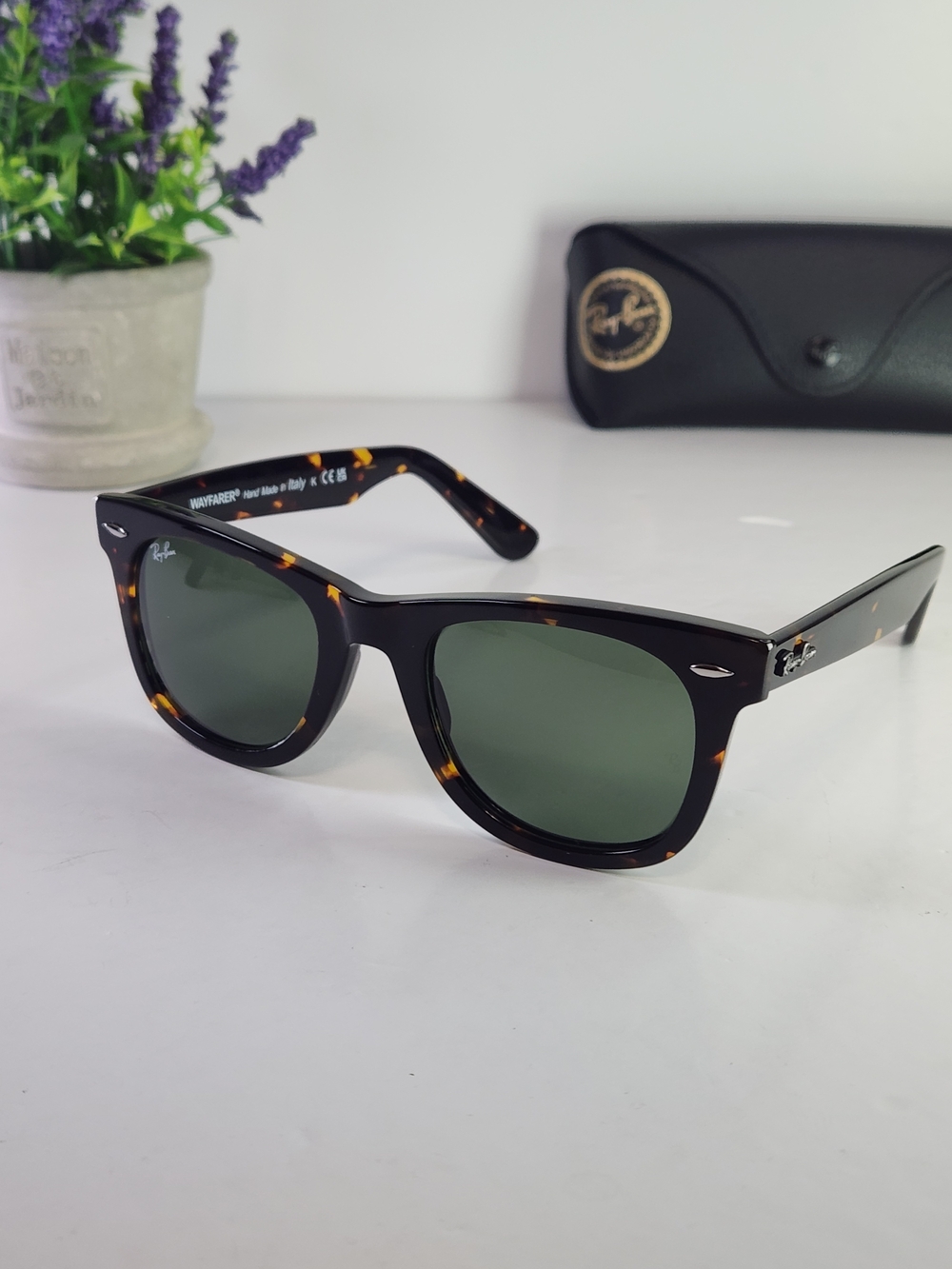 Ray-Ban Wayfarer Classic Sunglasses, Tortoise, G-15 Green Lenses, Made in Italy.